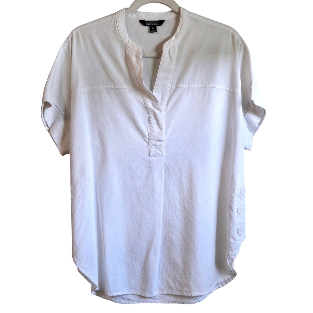 Nicole Miller Original Chic‎ White Linen Cotton Split Neck Side Button Tunic M